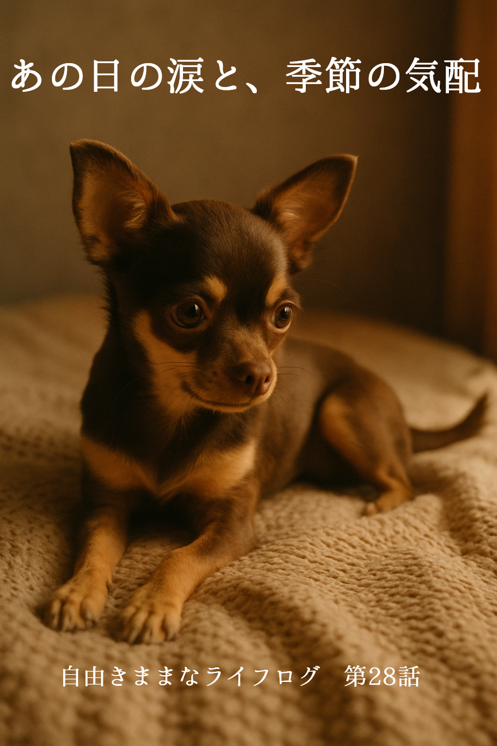 柔らかな光の中で毛布の上に横たわるチョコレートタンのチワワ、オペラ