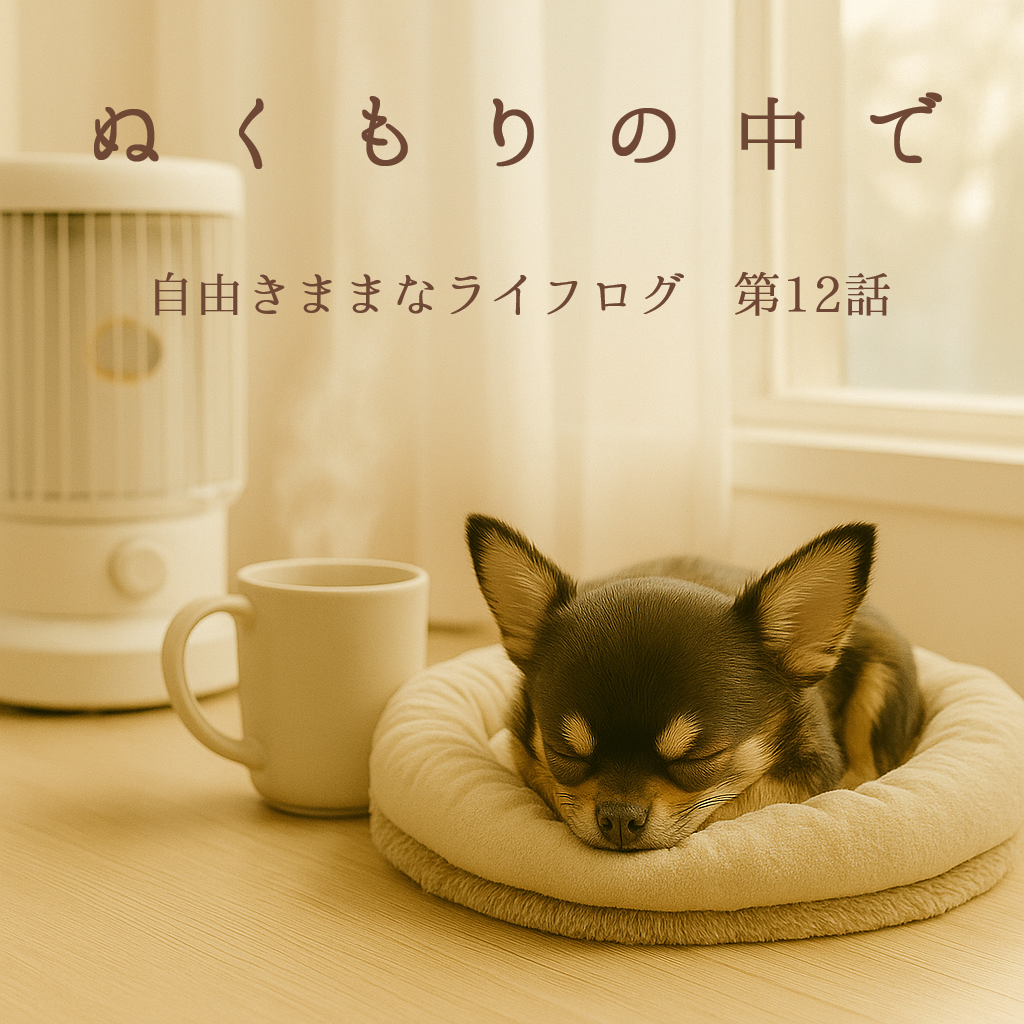 冬の朝、やわらかな光の差す部屋で、チワワのオペラが丸くなって眠っている。湯気の立つマグカップとストーブのぬくもりに包まれた穏やかな一瞬。