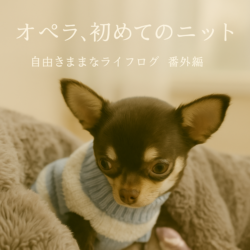 青と白のニットを着たチワワのオペラが、毛布の上でこちらを見つめている。冬のぬくもりを感じるワンシーン。