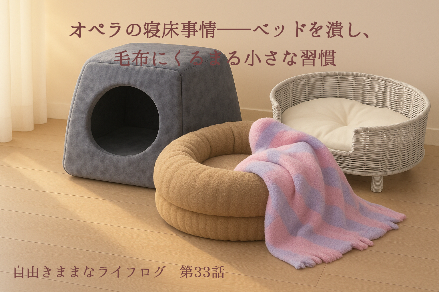 青い洞穴ベッド、ベージュの丸型クッション、白いラタン風ベッドが並ぶ、柔らかな日差しの差し込む室内シーン