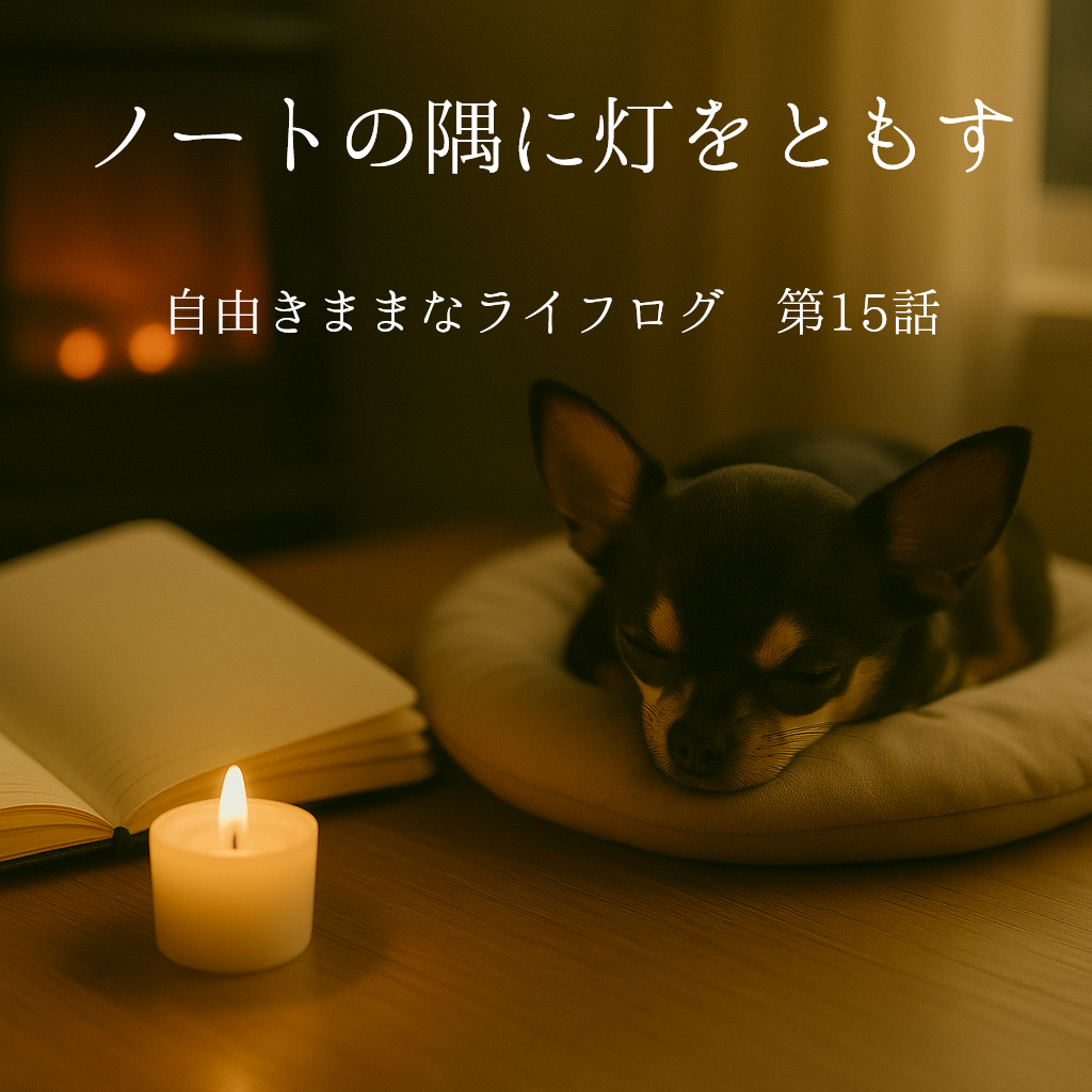 暖かな室内で眠るチワワのオペラ。机の上にはノートと小さなキャンドルが灯り、やさしい光が静かな時間を包んでいる。
