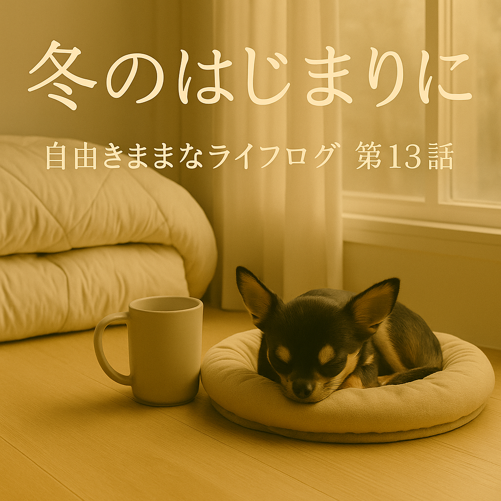 冬の朝の窓辺で、カップとともに丸く眠るチワワ。やわらかな光とぬくもりを感じる静かな一瞬を切り取った写真。