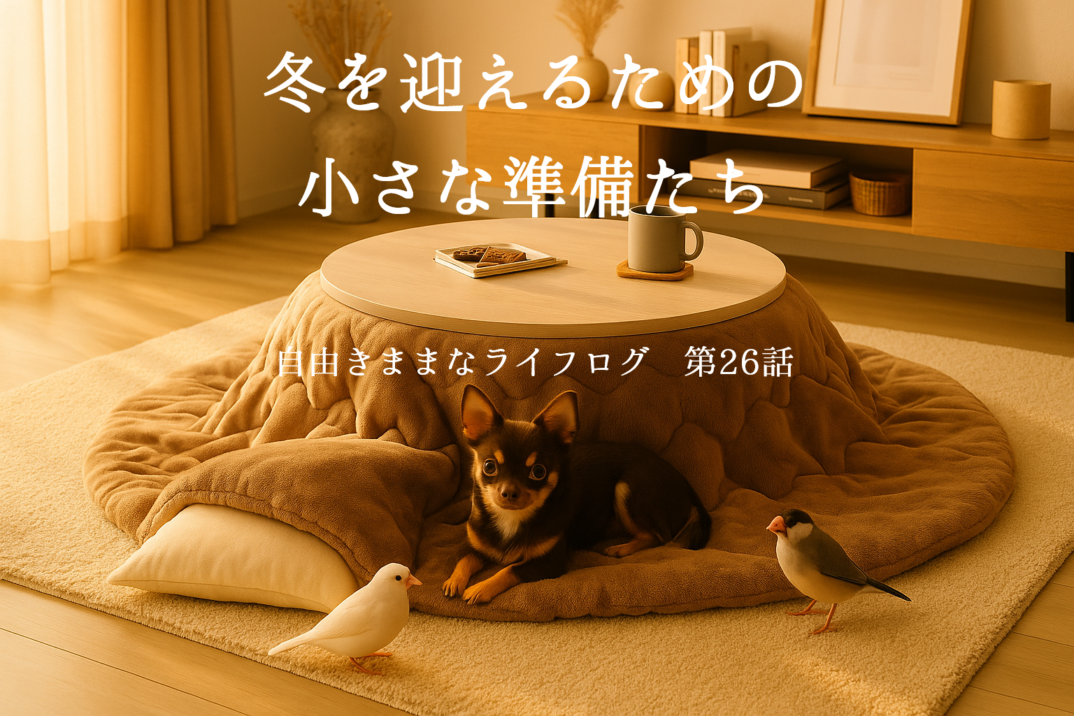 こたつのある冬のリビングで、チワワのオペラと文鳥たちがくつろぐ様子