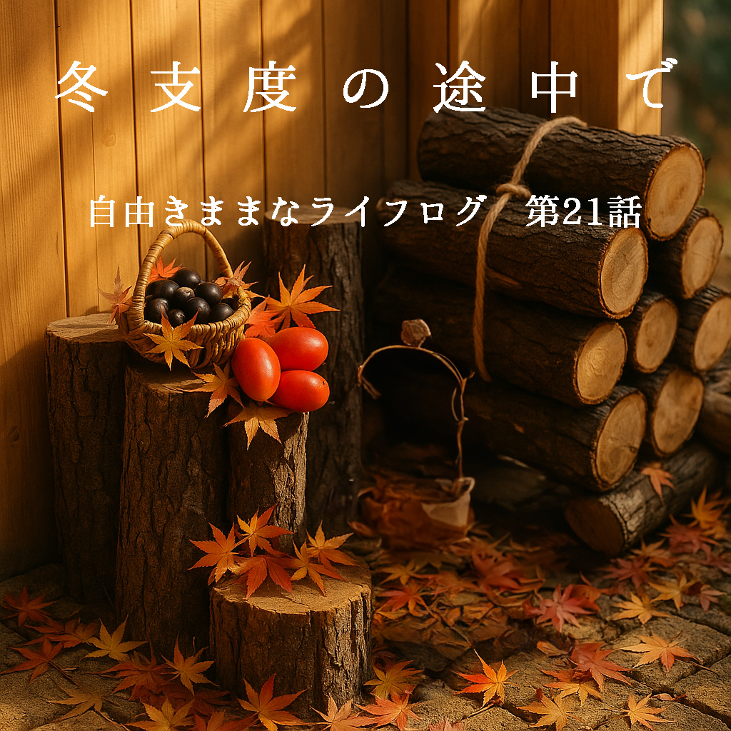 秋の落ち葉と薪が並ぶ冬支度の情景。木の実と柿の籠が置かれた静かな季節のワンシーン。
