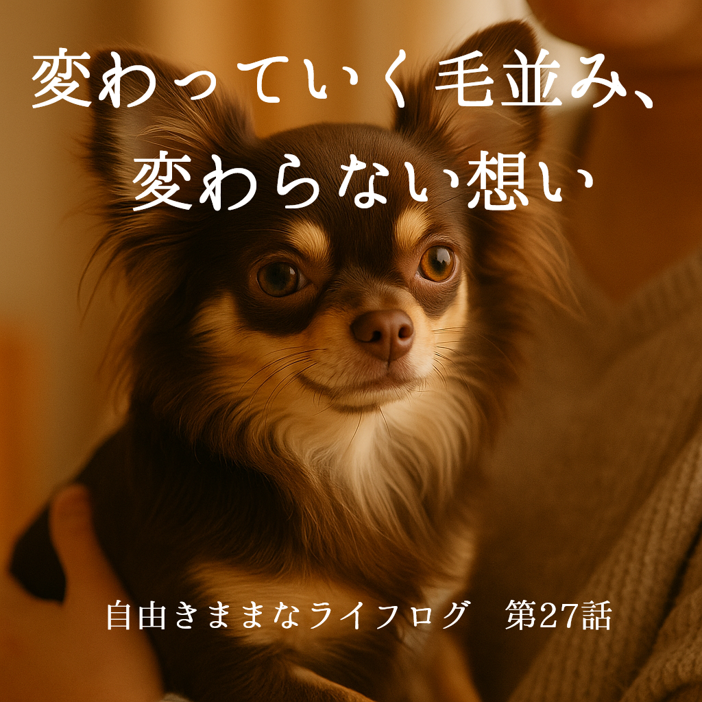 ロングコートチワワ風に成長したオペラのような子犬が、あたたかな光の中で抱かれている情景