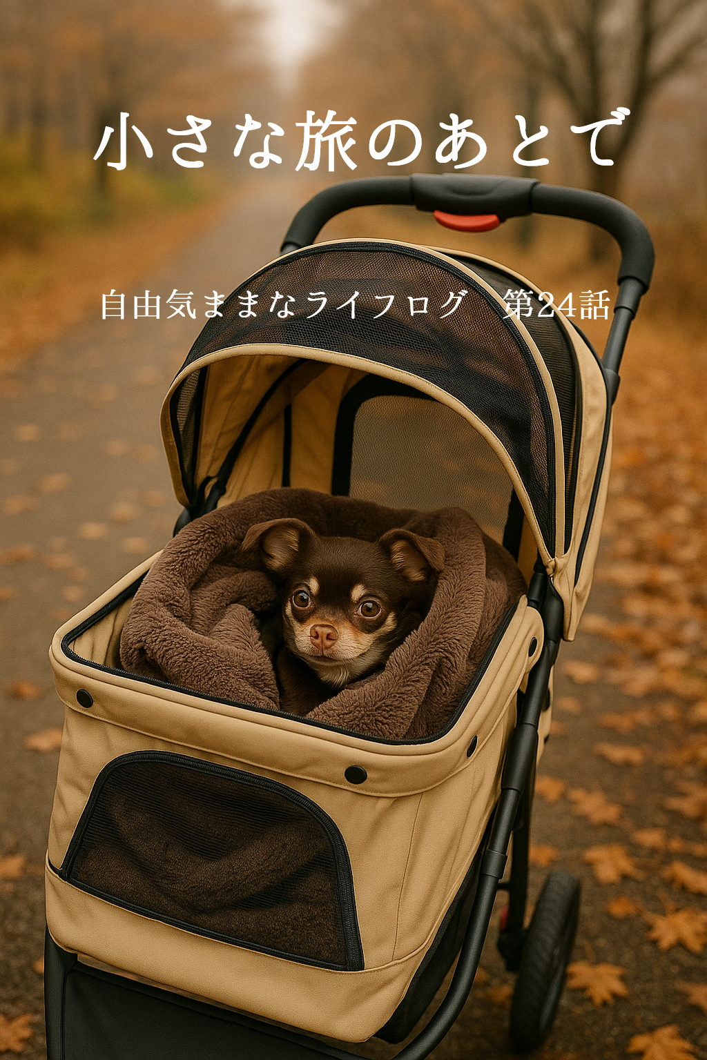 ペットバギーの毛布にくるまって外の空気を感じるチョコタンのチワワ、オペラ