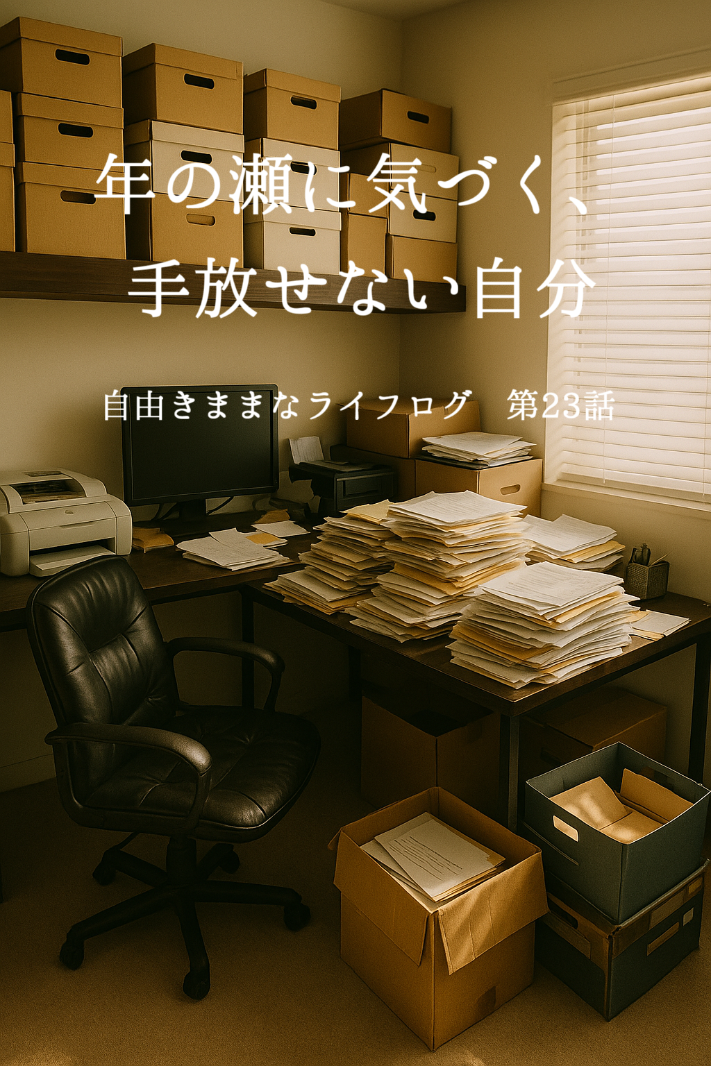 書類と空箱が積み重なった散らかったデスクに、冬の午後光が差し込む様子