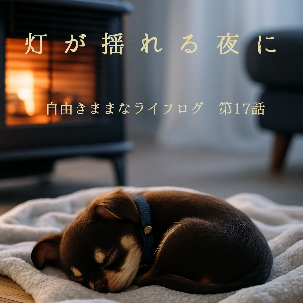 ストーブのそばで毛布に丸くなって眠るチョコレートタンのチワワ、静かな冬の夜の室内風景