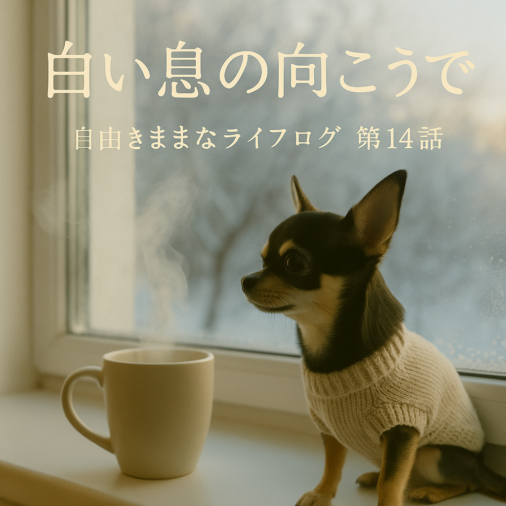 冬の窓辺で、白い息を見つめるチワワ「オペラ」。 湯気の立つマグカップとともに、静かな朝を迎える一枚。