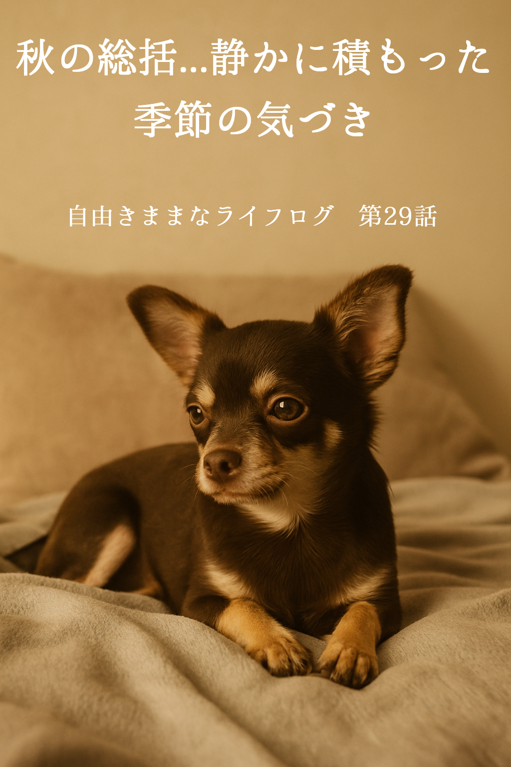 柔らかな光に照らされて毛布の上で静かに横たわるチョコレートタンのチワワ、オペラ