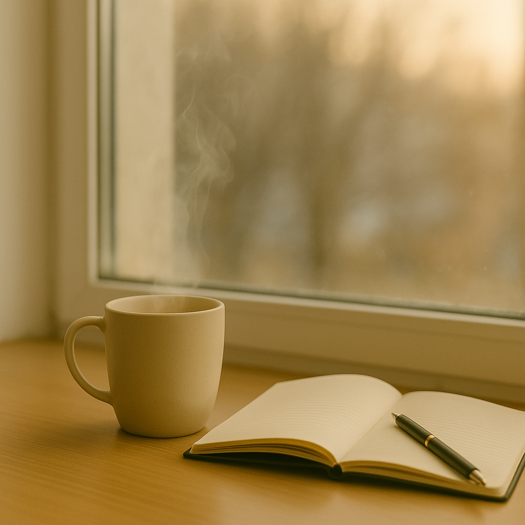 温かい飲み物の湯気が立つマグカップと、窓辺に置かれたノートとペンのやさしい雰囲気の写真
