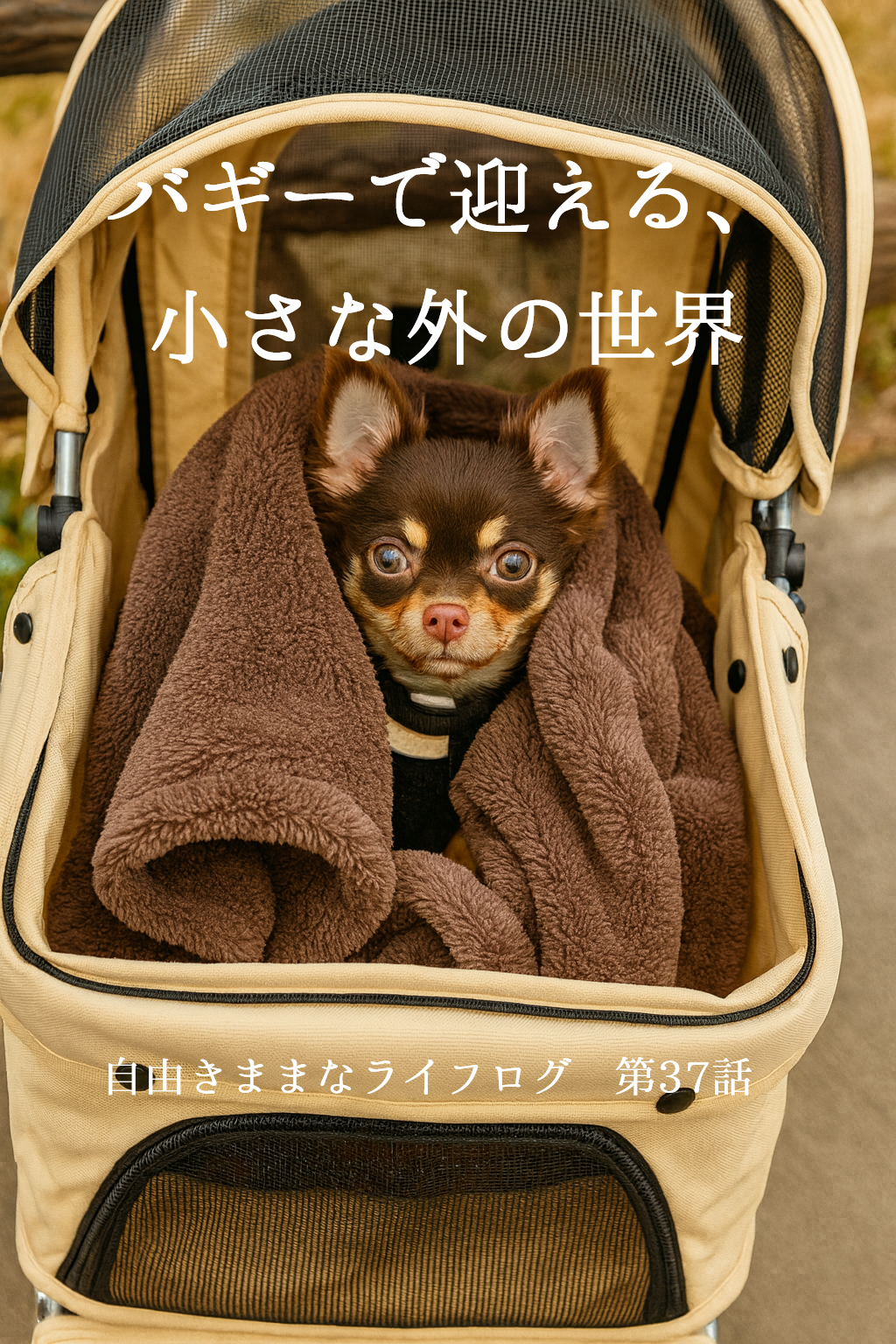 アイボリーのバギーに乗ってブランケットに包まれるチョコタンのチワワ・オペラ