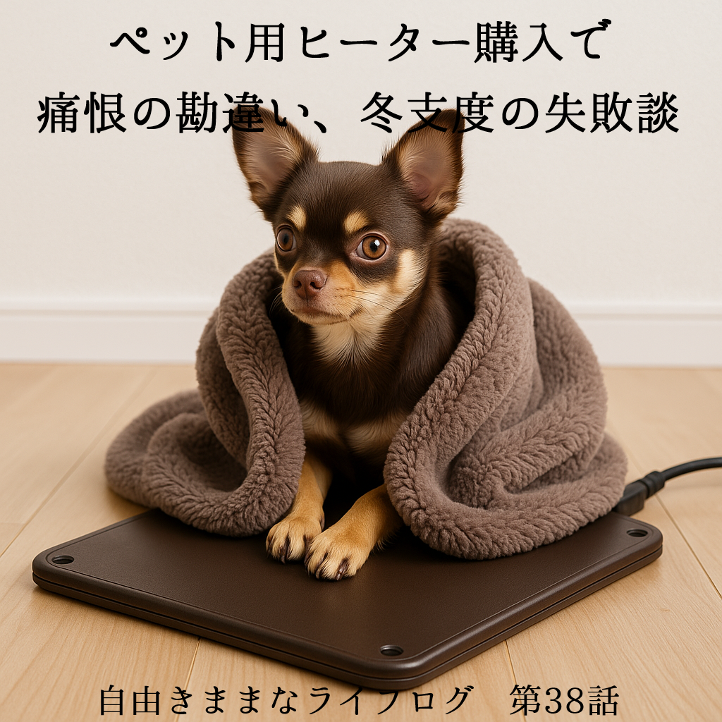 ペット用ホットカーペットの上に乗って様子をうかがうチョコタンのチワワ・オペラ