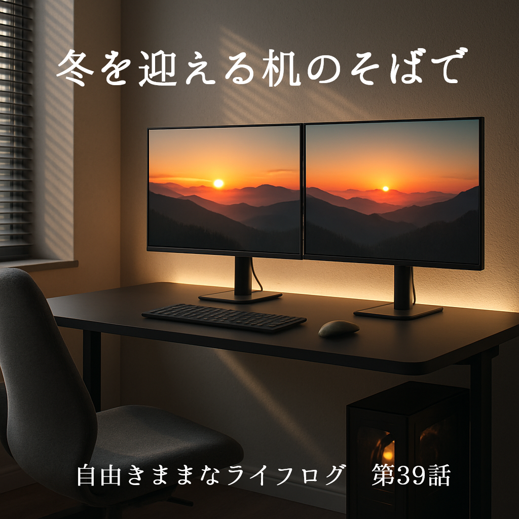 冬の光が差し込む部屋に置かれたマットブラックの電動昇降デスクと黒いモニター、グレーの椅子