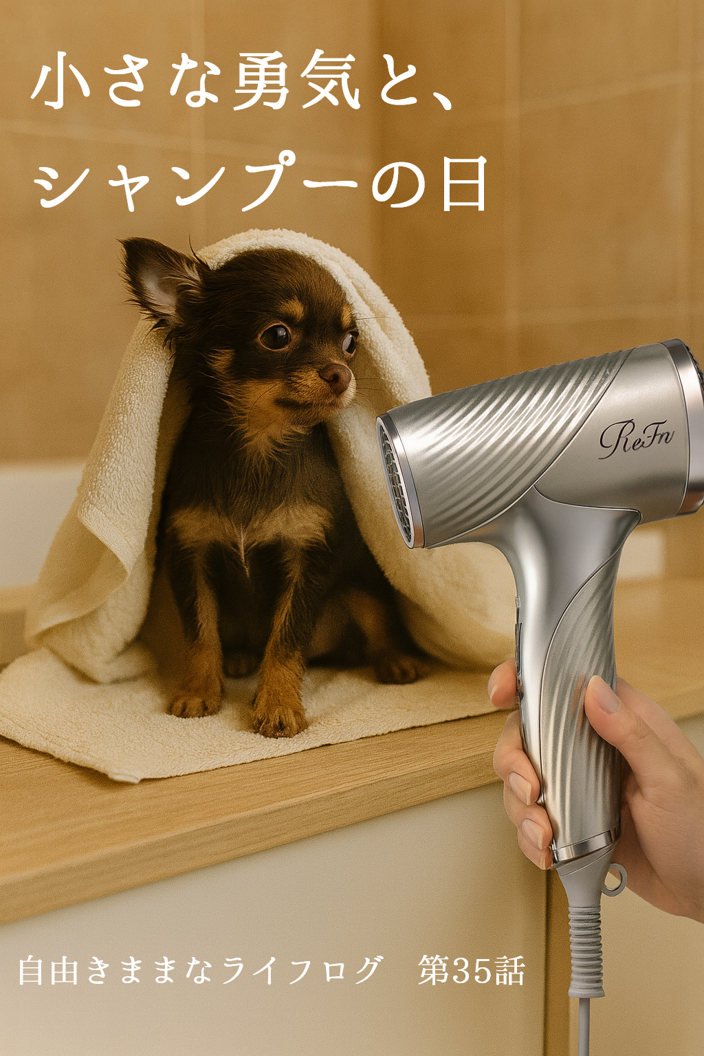 シャンプー後にドライヤーで乾かされるチョコタンのチワワ・オペラ