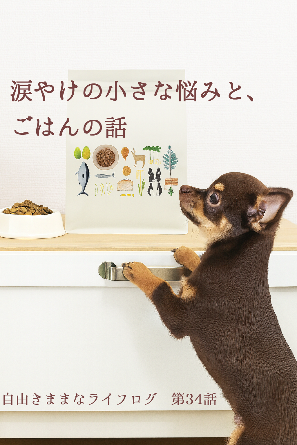 朝のキッチンでごはんを待つチワワ（オペラ）と、優しい光に包まれたフードの時間の様子