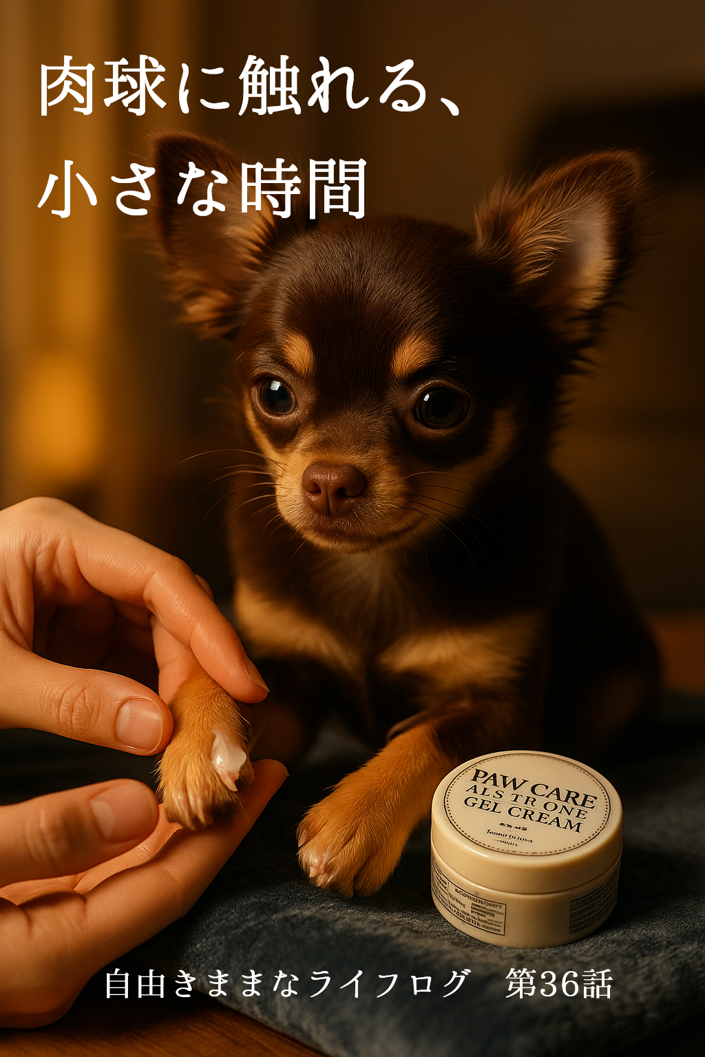 チョコレートタンのチワワが肉球クリームに顔を寄せている様子