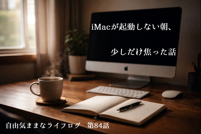 起動しないiMacの前で、コーヒーとノートを前に少しだけ立ち止まる朝の作業デスク