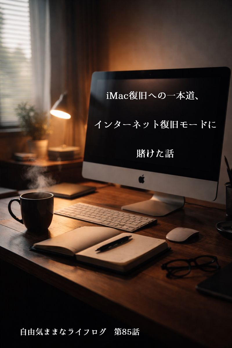 iMacの復旧作業に向き合う朝のデスク。インターネット復旧モードに賭けた静かな緊張感