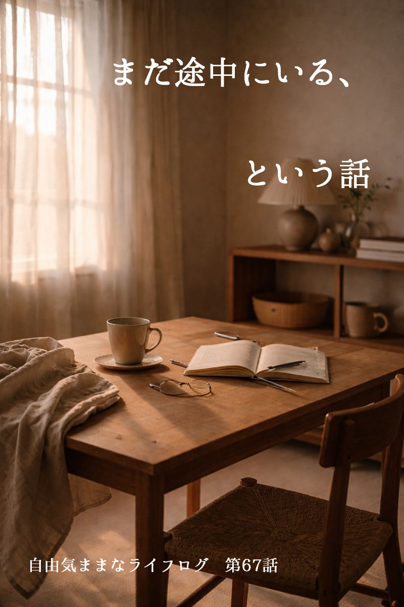 静かな部屋のテーブルに、コーヒーカップと開いたノートが置かれた、生活の途中を感じさせる風景