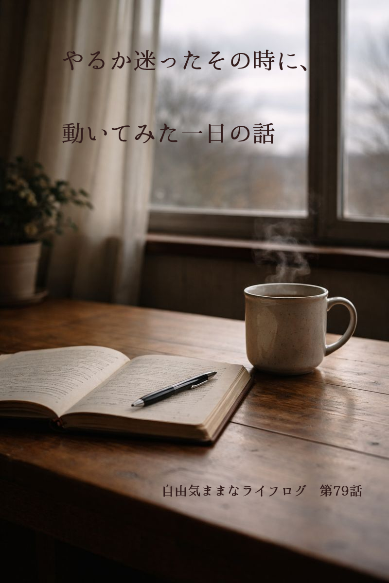 やるか迷いながらも動いてみた一日を象徴する、ノートとペン、湯気の立つマグカップのある静かな室内風景