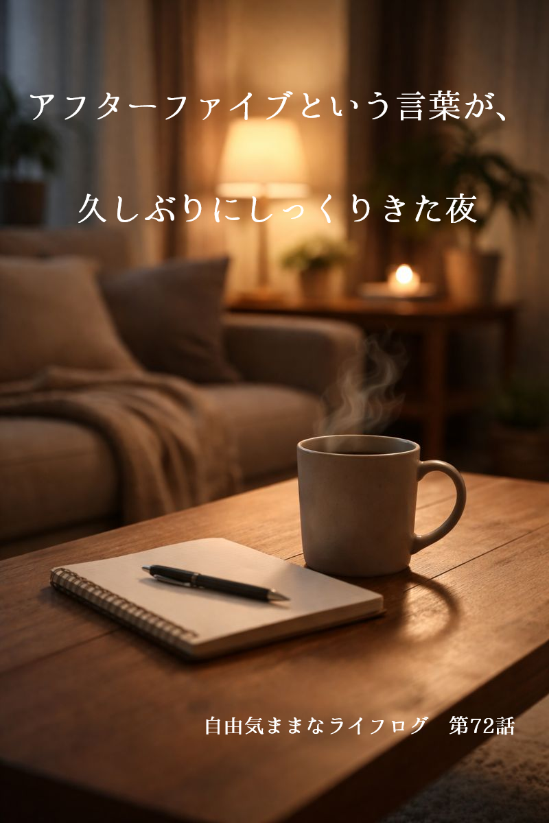 アフターファイブの静かな夜、ノートとペン、湯気の立つマグカップが置かれたリビングのテーブル