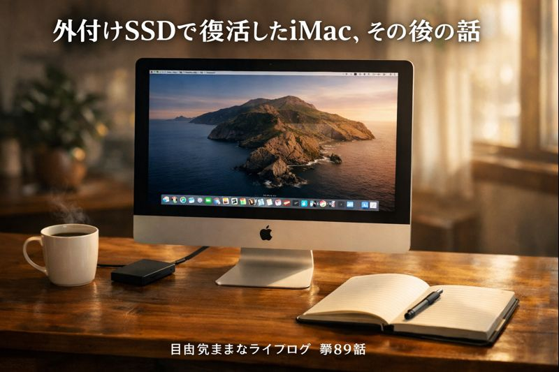 外付けSSDから起動して復活したiMacと、デスクに置かれたコーヒーとノートのある作業風景