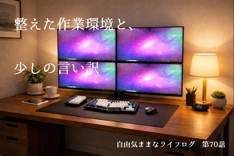 4画面モニターとキーボードを備えた、整い始めた自宅の作業環境
