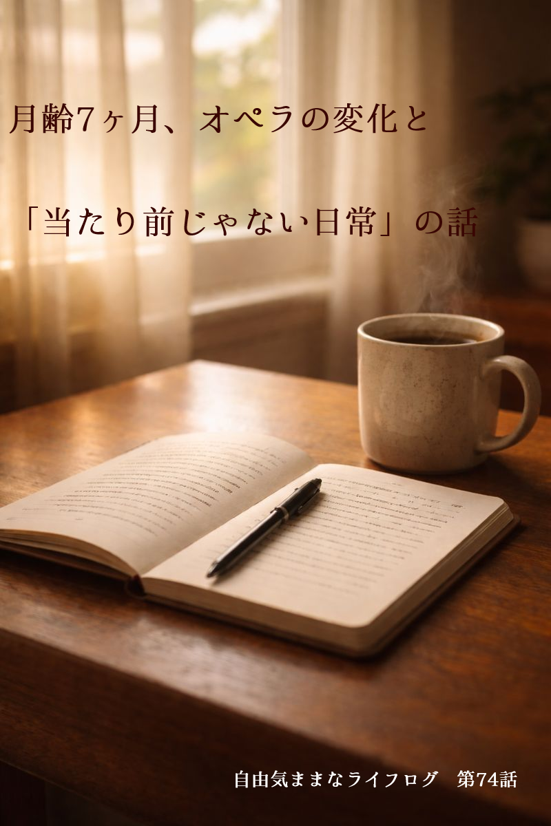 月齢7ヶ月を迎えたチワワ・オペラの成長と、「当たり前ではない日常」を静かに振り返るノートとコーヒーのある風景