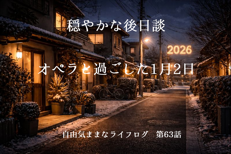 雪が残る住宅街の夜道。家々の灯りが静かにともり、2026年の文字が浮かぶ冬の風景。