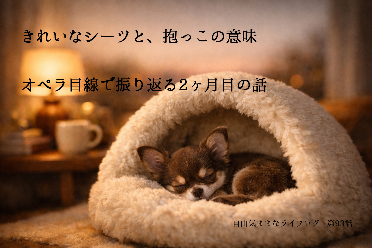 きれいなシーツと抱っこの意味をテーマに、ふわふわのドーム型ベッドで眠るチワワのオペラを描いたアイキャッチ画像