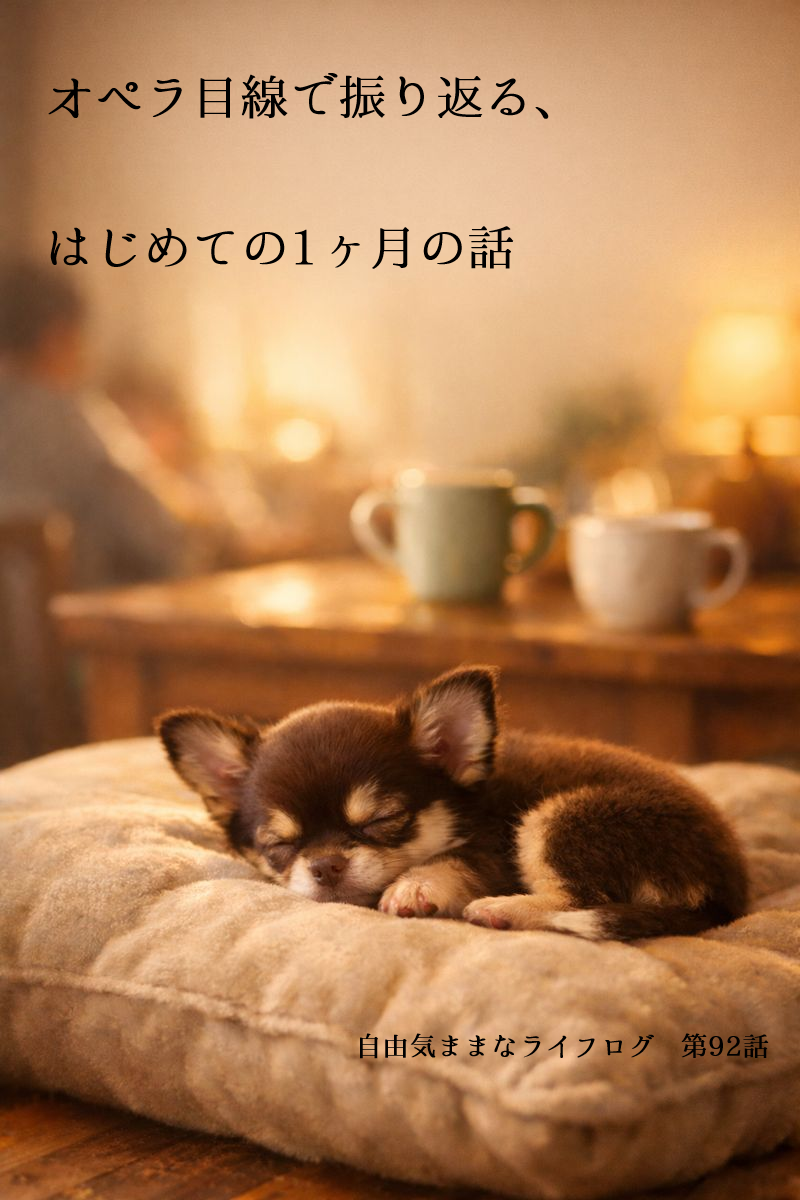 オペラ目線で振り返る、はじめての1ヶ月の話。小さなチワワの子犬がクッションの上で眠っているアイキャッチ画像。