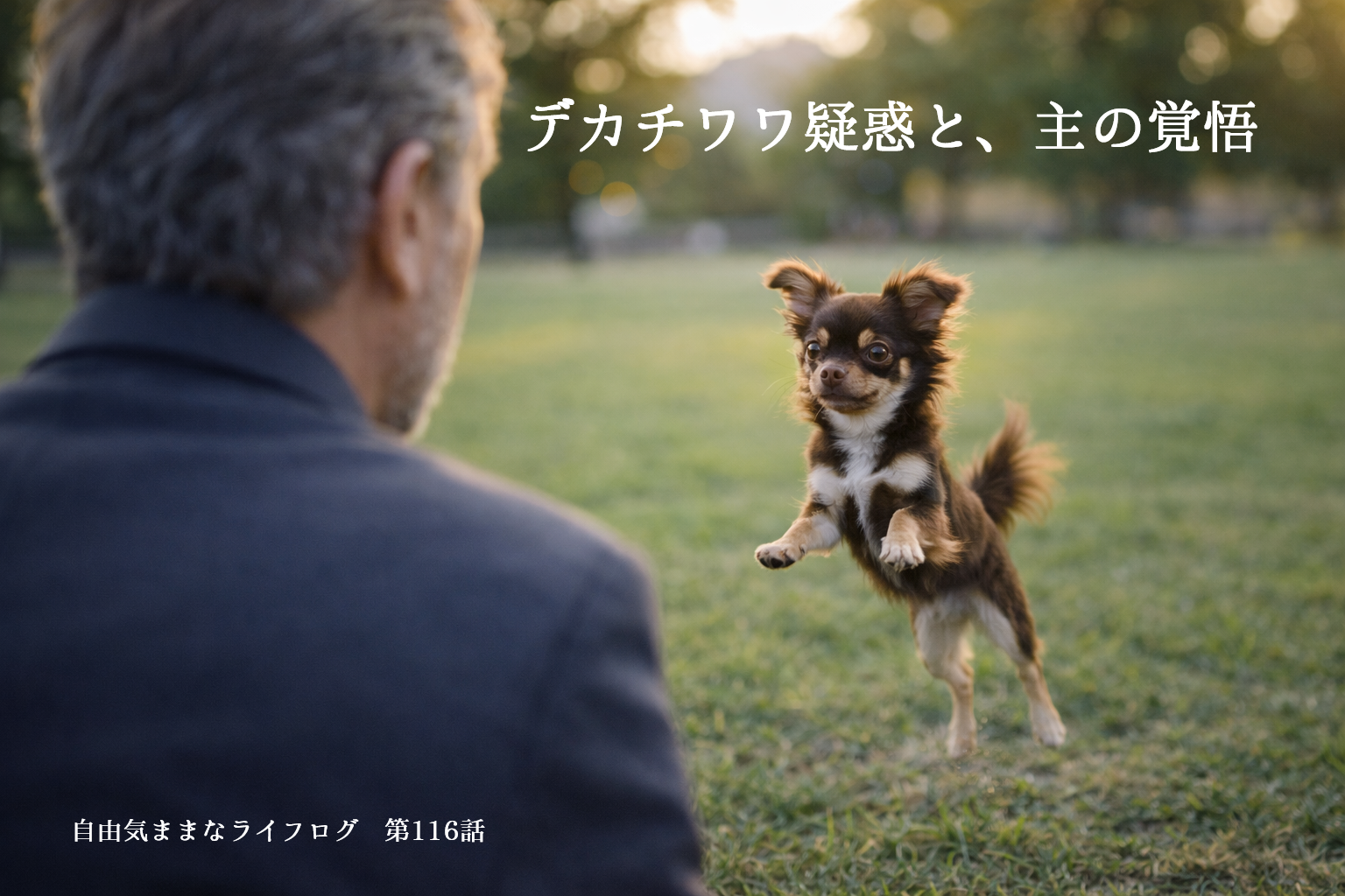 夕方の公園でぴょんと跳ねるロングコートチワワを、後ろ姿の男性が見守る様子。第116話「デカチワワ疑惑と、主の覚悟」のアイキャッチ画像。