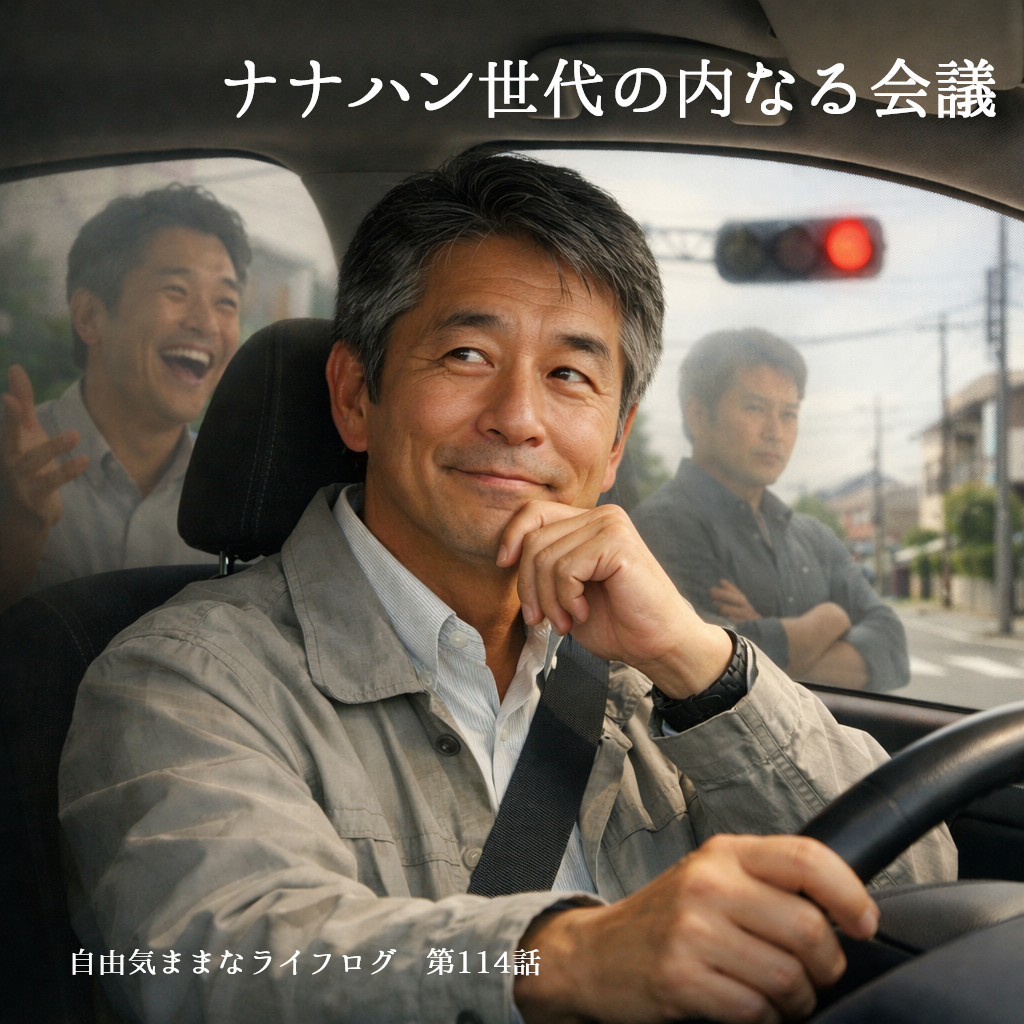 信号待ちの車内で考え込む50代男性。背後に対照的な表情の自分が重なる「ナナハン世代の内なる会議」を表現したイメージ