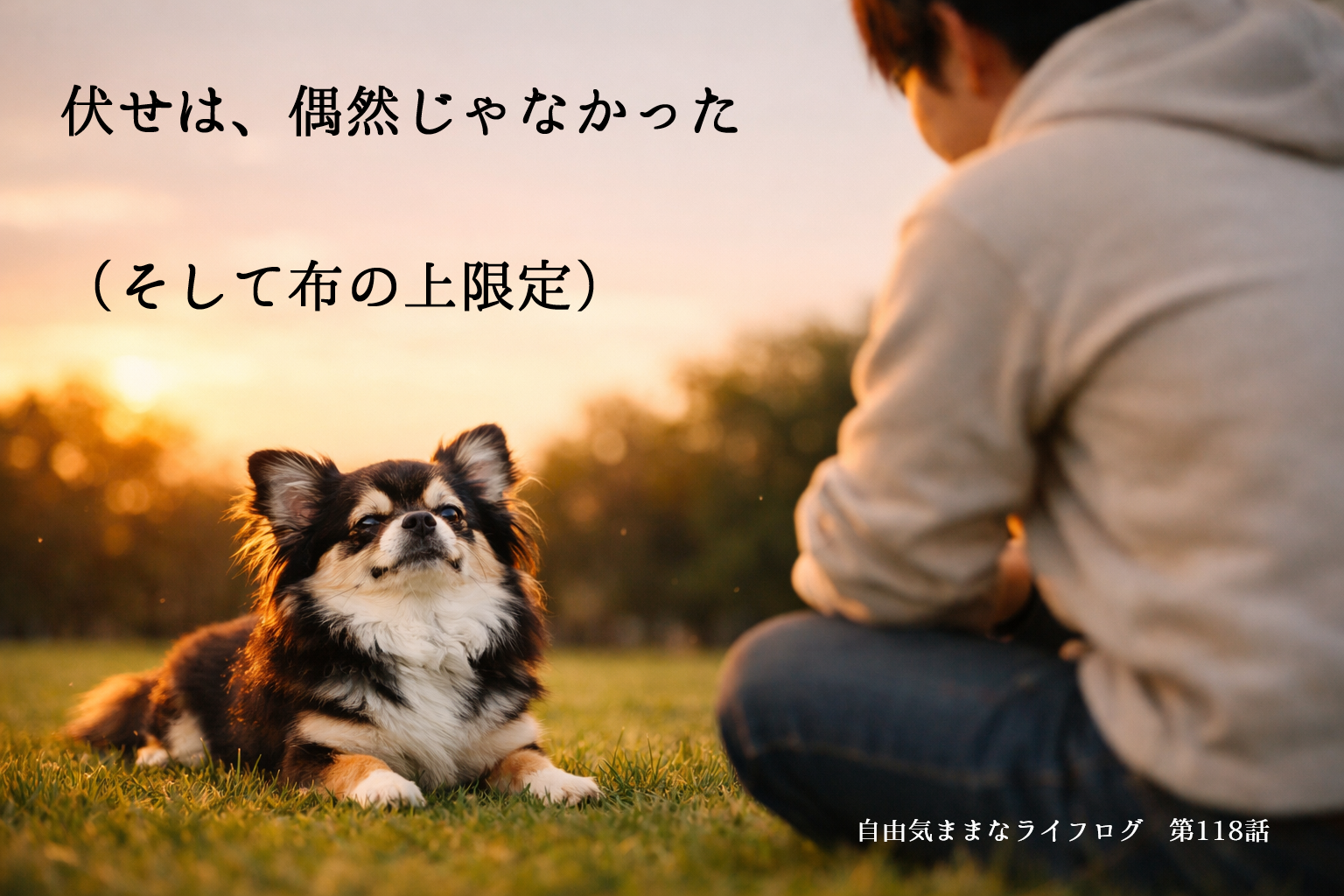 夕暮れの公園で芝生の上に伏せをして誇らしげに飼い主を見上げるロングコートチワワと、しゃがんで向き合う男性の後ろ姿。第118話「伏せは、偶然じゃなかった（そして布の上限定）」のアイキャッチ画像。