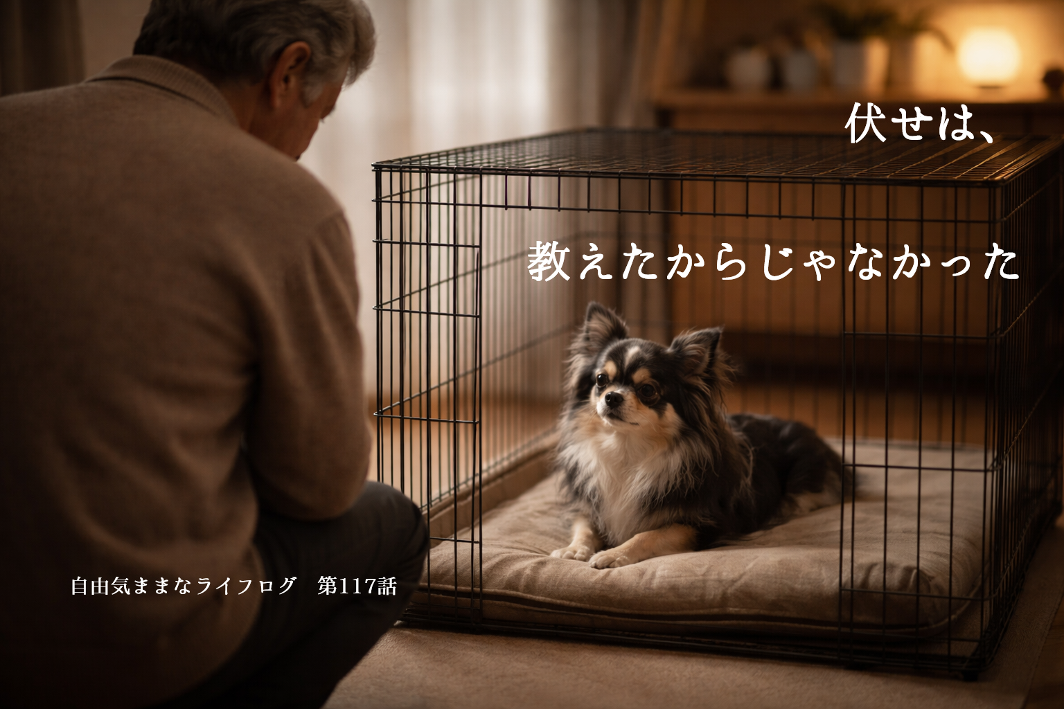 室内のケージの中で伏せをして静かに見上げるロングコートチワワと、その前でしゃがんで見守る男性の後ろ姿。第117話「伏せは、教えたからじゃなかった」のアイキャッチ画像。