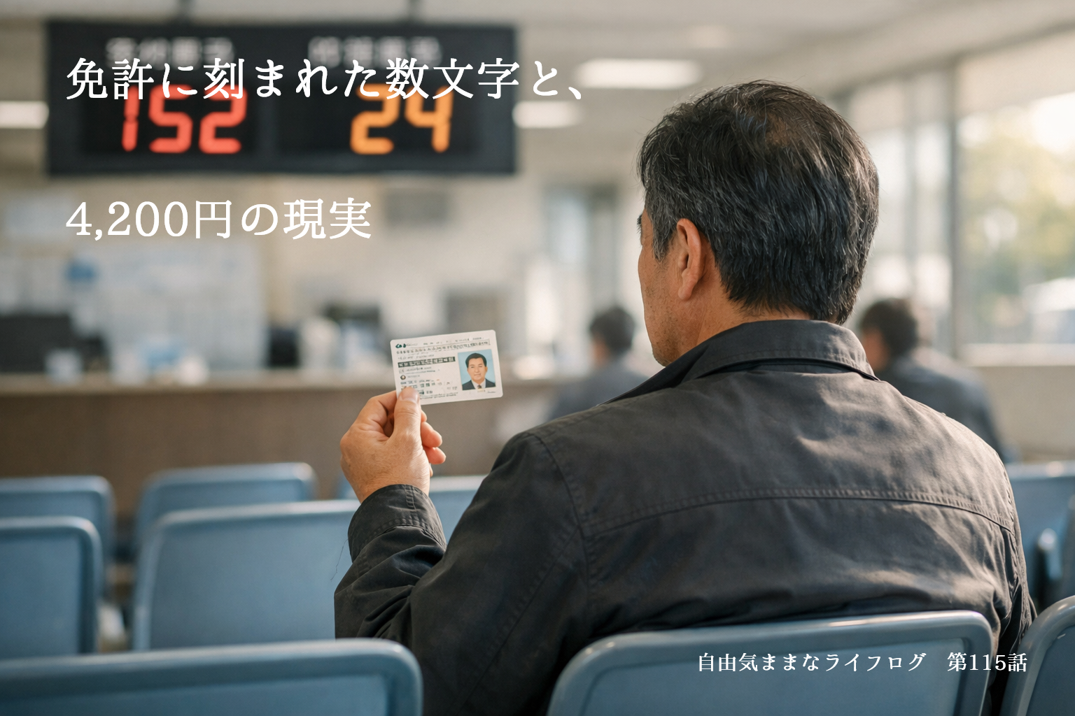 免許センターの待合席で新しい運転免許証を手にする男性の後ろ姿。電光掲示板と「4,200円の現実」という文字が重なる第115話アイキャッチ画像。