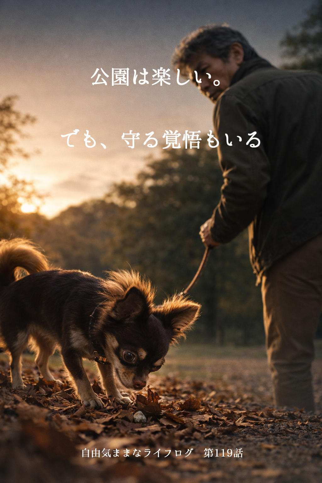 夕暮れの公園で落ち葉をクンクンするロングコートチワワと、後ろから見守る飼い主の姿。散歩の楽しさと安全への意識を表現したシーン。