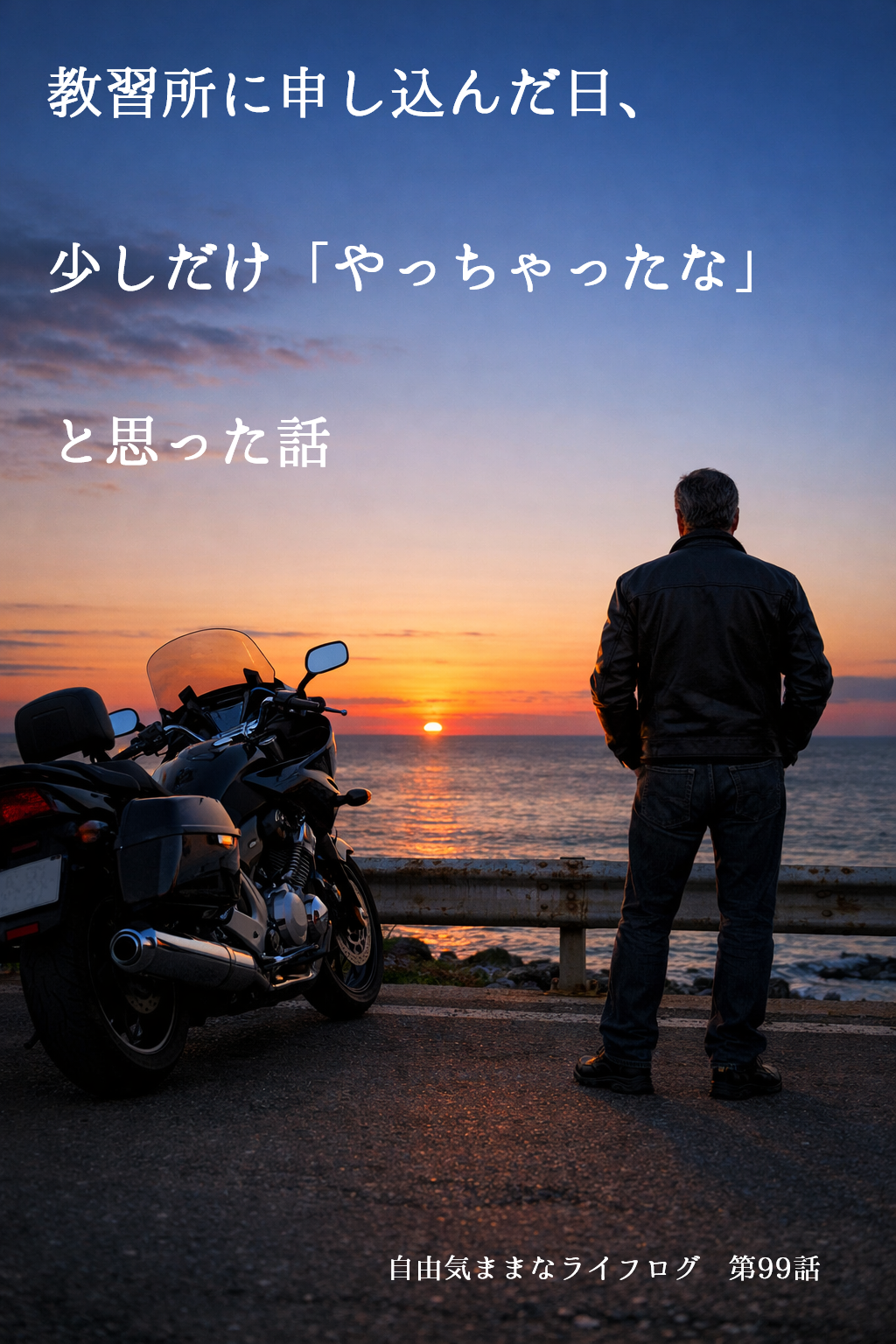 夕暮れの海を前に、大型バイクと並んで立つ男性の後ろ姿。教習所に申し込んだ日の、静かな決意と少しの不安を象徴する風景。