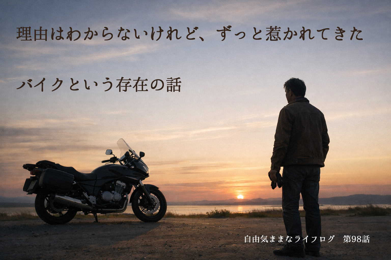 夕暮れの海辺で、大型バイクの横に立ち、遠くを見つめる男性の後ろ姿。長年惹かれ続けてきたバイクという存在を静かに見つめる情景。