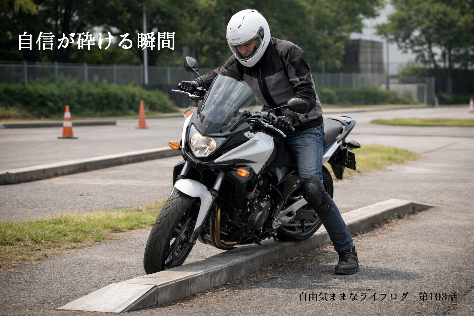 教習所の一本橋でバランスを崩しかける大型バイクのライダー。足を出して立て直そうとする瞬間を捉えた一枚。