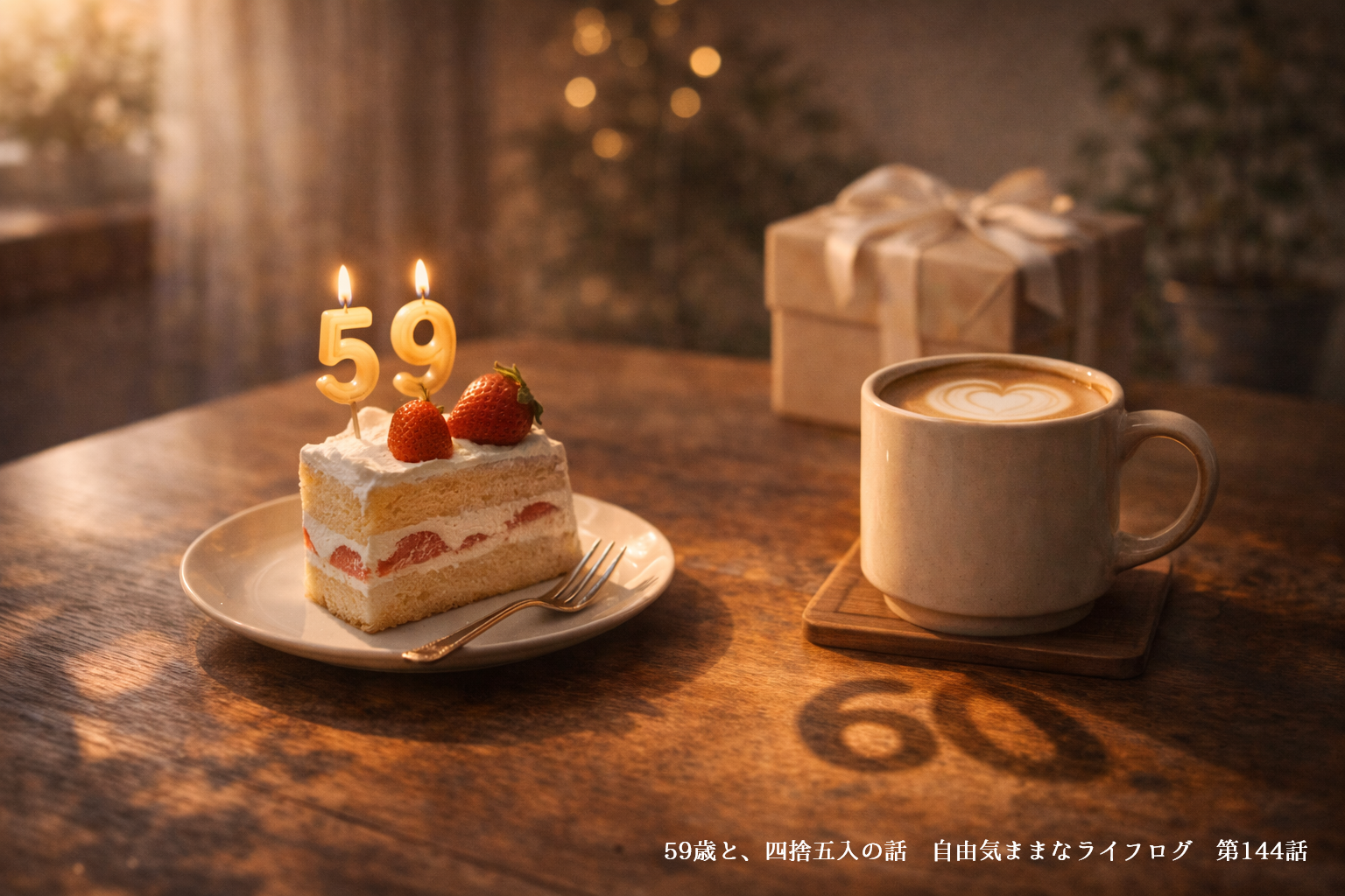 59のキャンドルが立ったケーキとラテが並ぶ温かな誕生日のテーブル風景