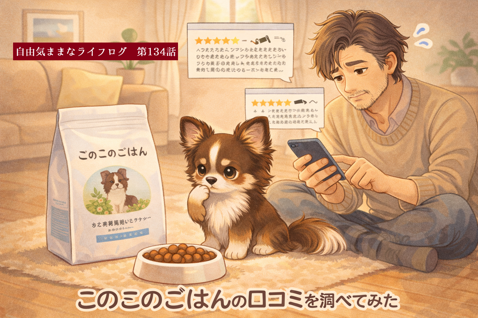 このこのごはんの口コミを調べながらドッグフードを前に考えるチワワと飼い主のイラスト