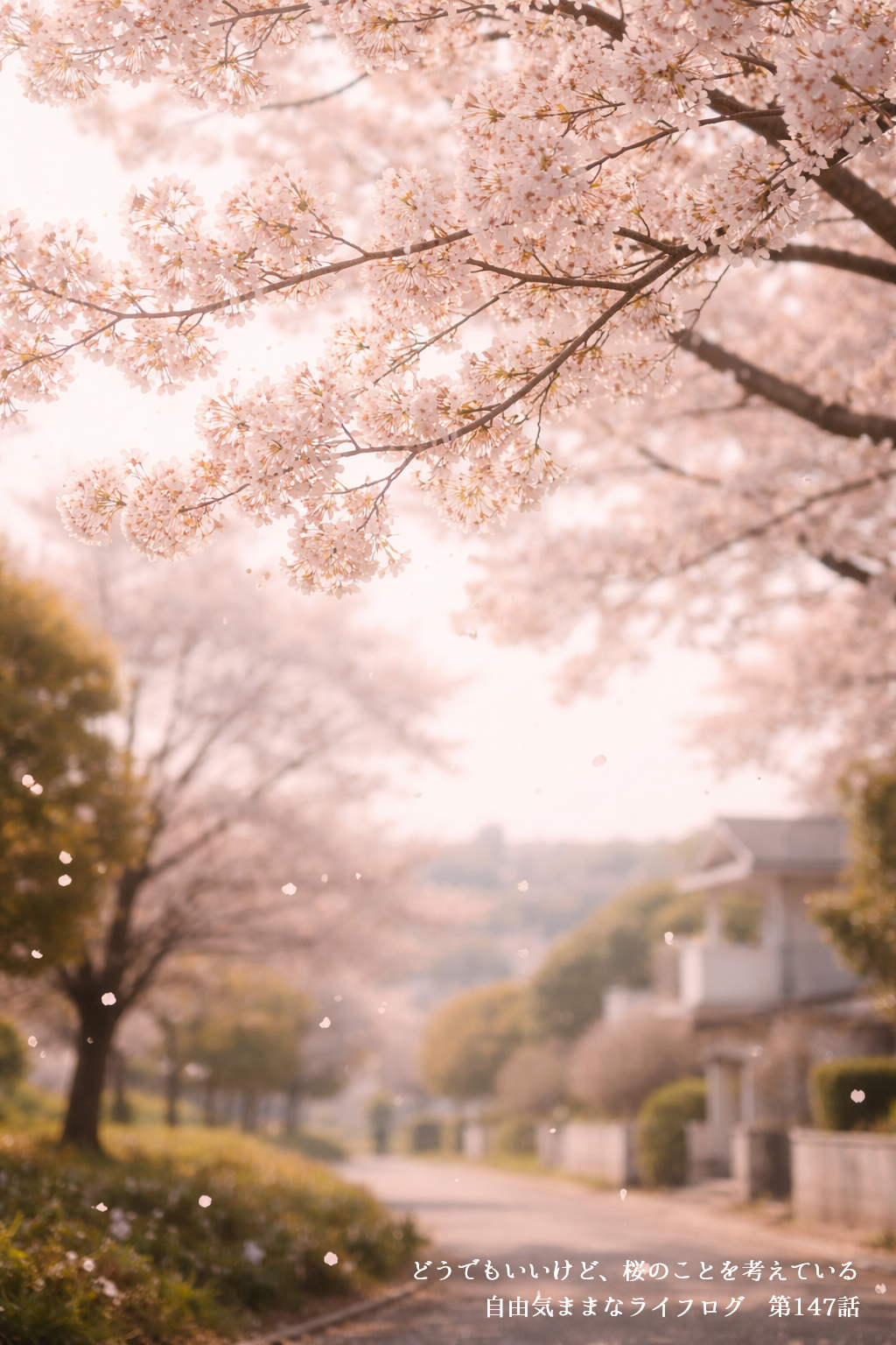 満開の桜と花びらが舞う住宅街の春の穏やかな風景