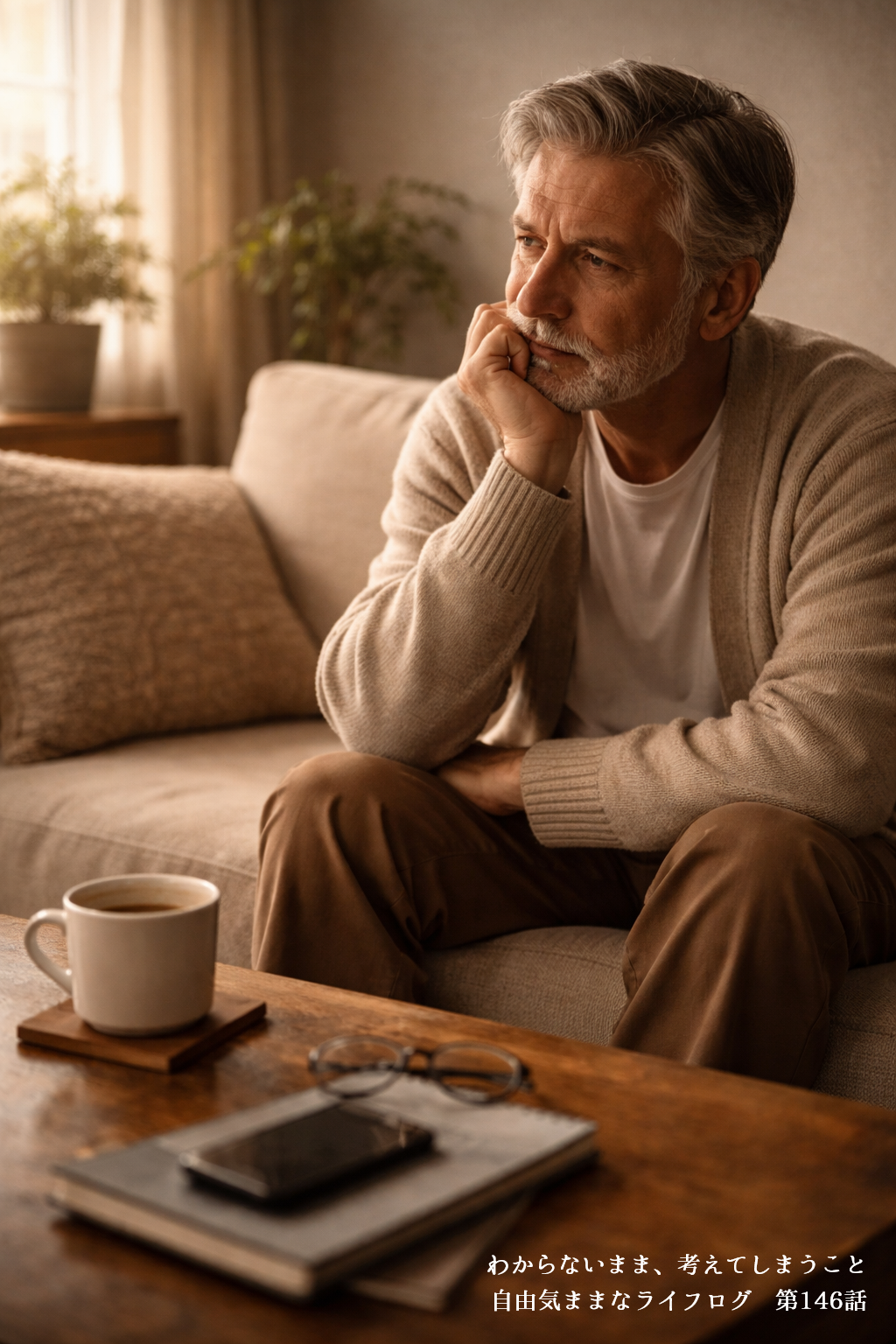 ソファに座りコーヒーを前に考え込む男性の落ち着いた室内風景