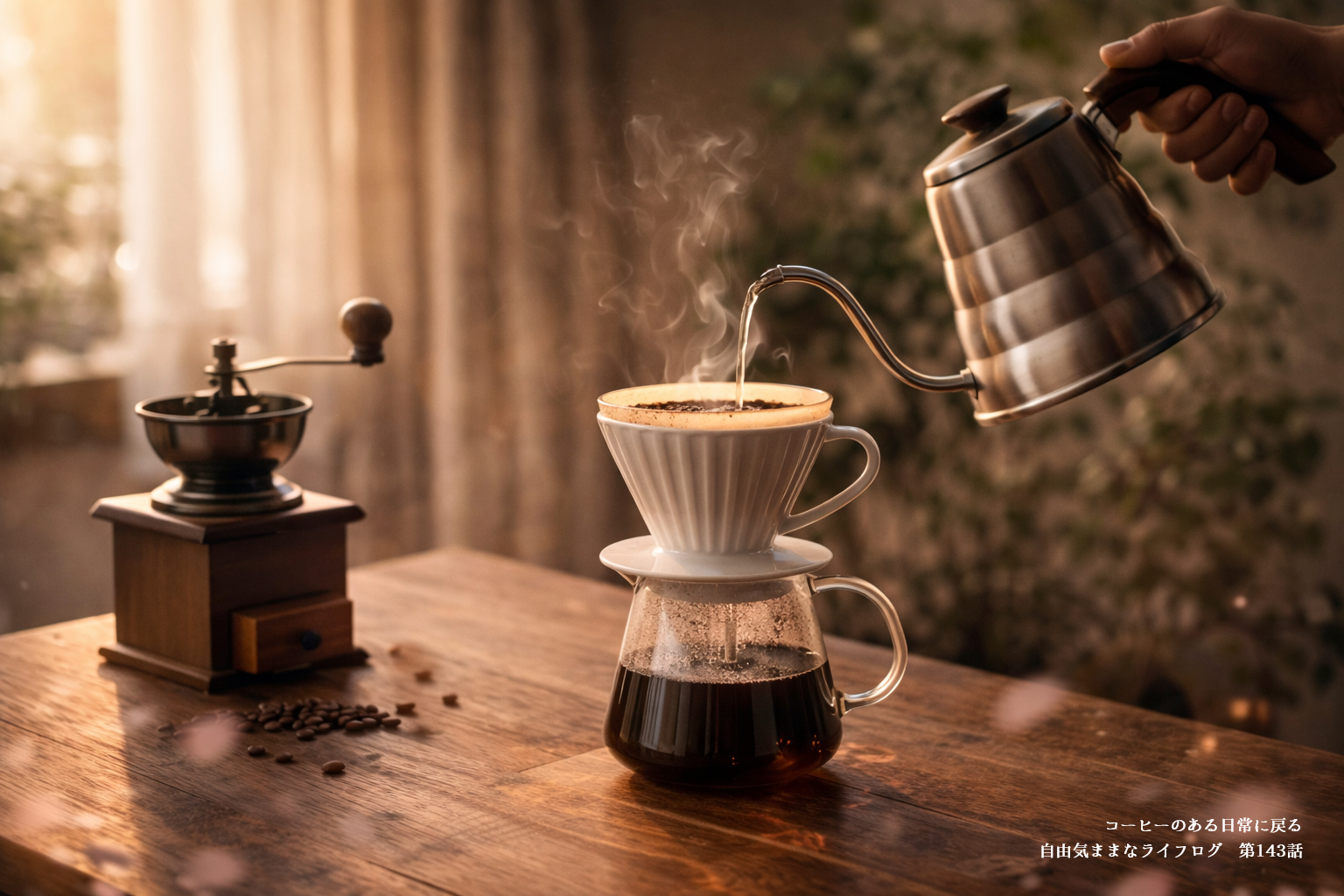 ハンドドリップでコーヒーを淹れる様子と温かな光に包まれた室内風景