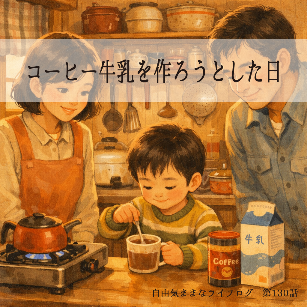 昭和の台所でコーヒーと牛乳を混ぜてコーヒー牛乳を作ろうとしている小さな男の子と、それを優しく見守る両親のイラスト