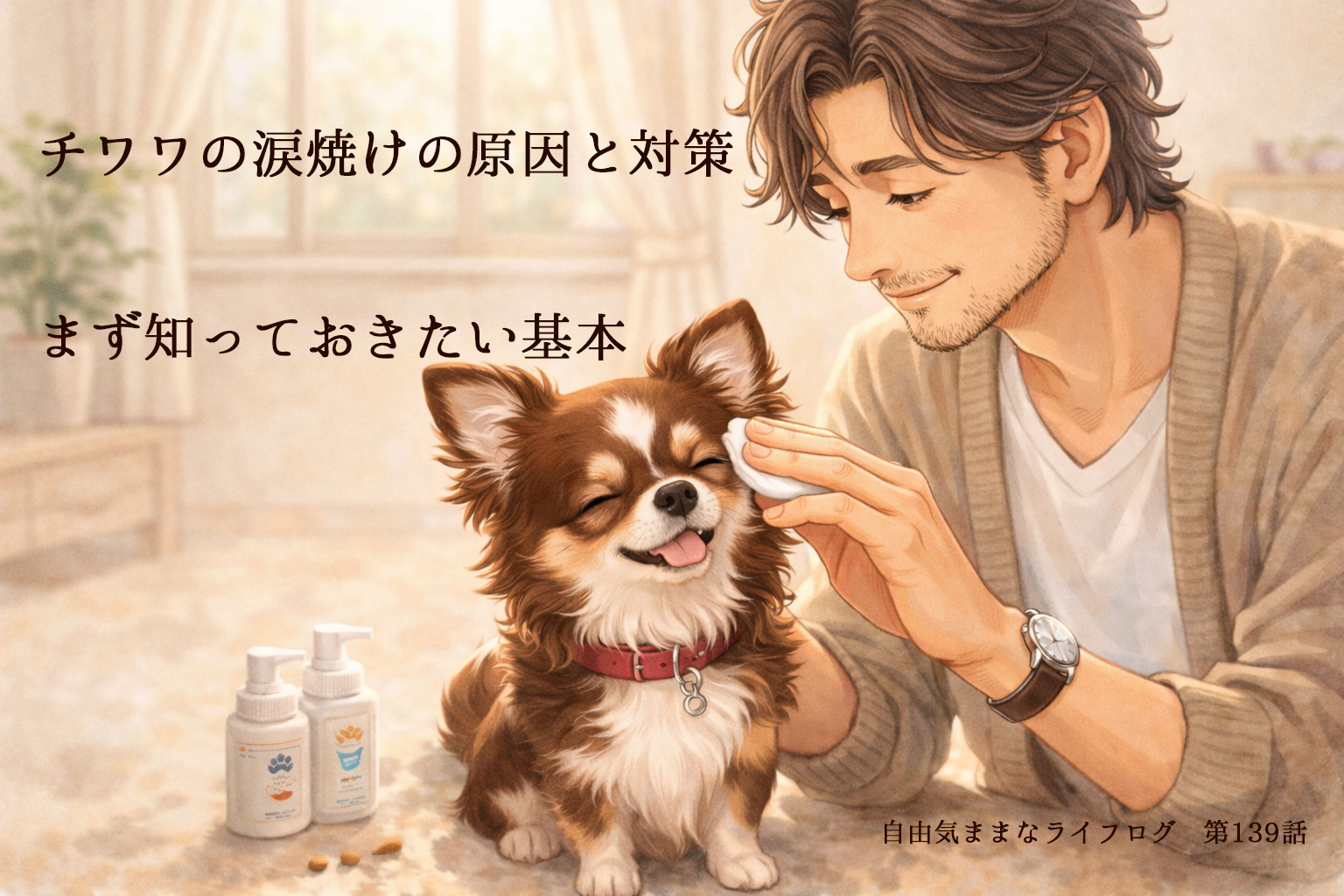 チワワの目元を優しくケアしている様子と涙焼け対策のイメージ