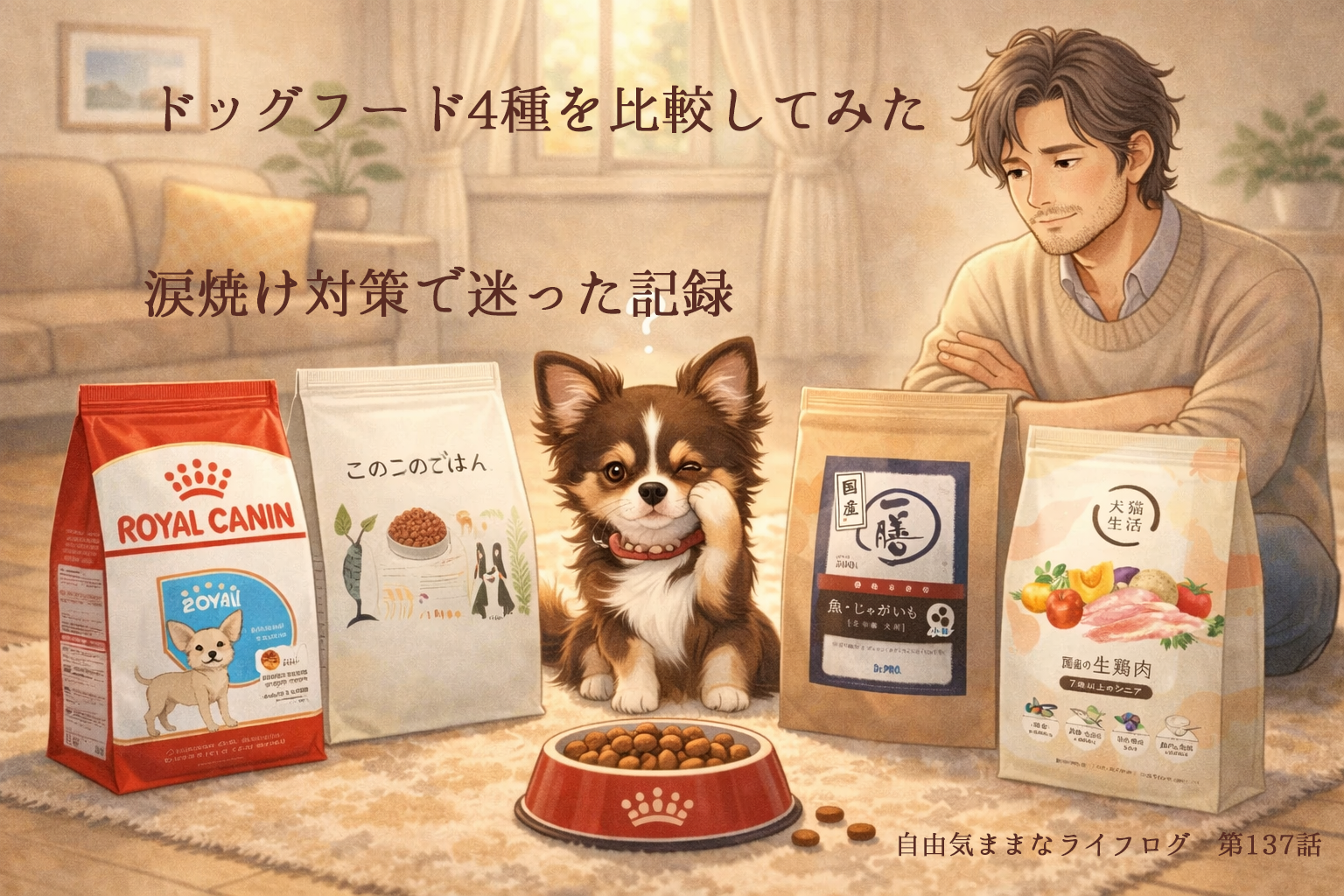 涙焼け対策ドッグフードを比較して悩むチワワと飼い主のイラスト