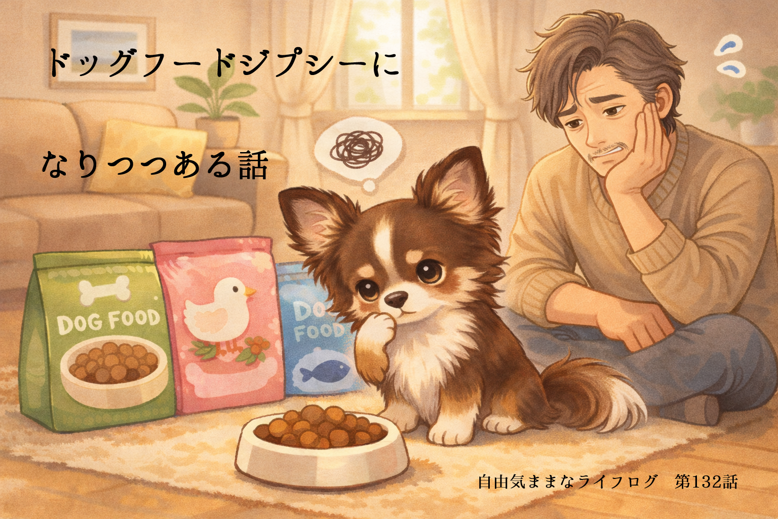 ドッグフードを前に悩むチワワと飼い主、複数のドッグフード袋が並ぶ様子を描いたイラスト